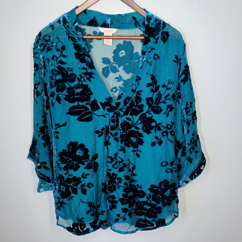 Sundance Sheer Velvet Burnout‎ Top Blue Womens Large Silk Kimono Sleeve Boho